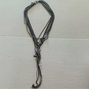 Multi-Chain Gunmetal Necklace with Clear Bead Accents